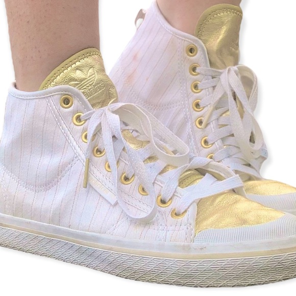 Adidas Honey White & Gold Pinstripe High Tops - Picture 2 of 16